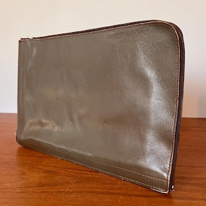 Vintage Green Grey Leather Attaché Document Folder w Zipper - Mid Century Office Organizer - Retro Leather Portfolio