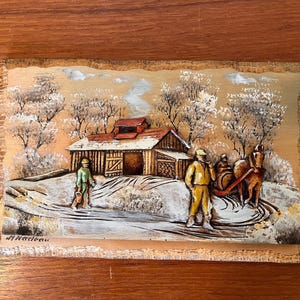 Vintage 3D Holz geschnitzter Wandbehang - Quebec Künstler H. Nadeau - Kanadische Volkskunst - Winter Farmszene