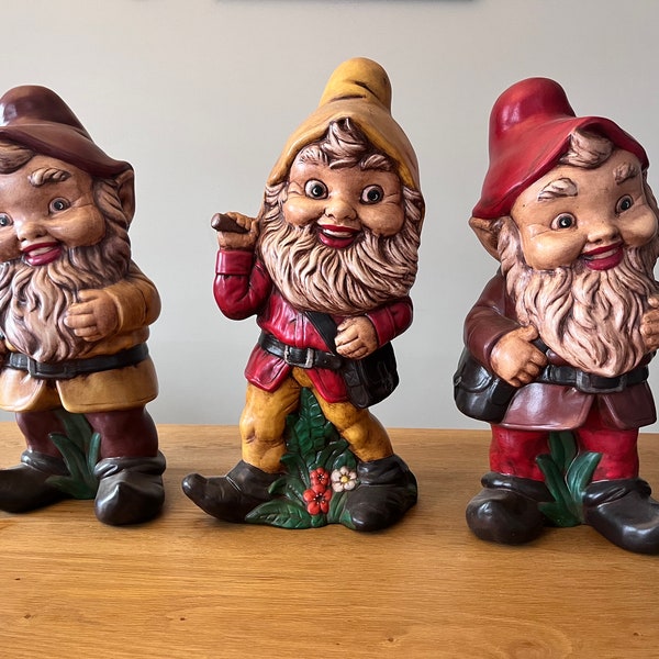 Vintage Ceramic Garden Gnomes - Garden Decor - Earth Tones - Outdoor Statues- Retro Garden