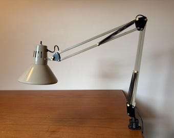 Vintage Clamp Lamp - Taupe/Grey - Architect Lamp - Mid Century Modern - Task Lamp - Flare Cone - Swing Arm - Drafting Table Lamp