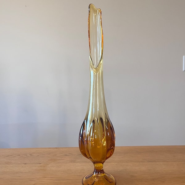 Viking Amber 6 Petal Swung Vase, Tall MCM Art Glass, Tall Viking Art Glass, Swung Petal Vase, Golden Yellow Amber