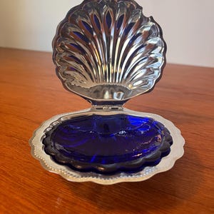 Vintage Chrome Shell Shaped Caviar/Butter Dish - Cobalt Blue Glass Insert - Collectible