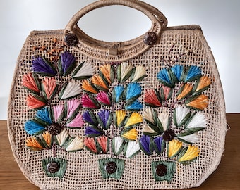Vintage Mid Century Straw Purse - Wicker and Raffia Handbag - Beach Bag - Colourful Flower Design - Farmer's Market Tote - Retro Chic -