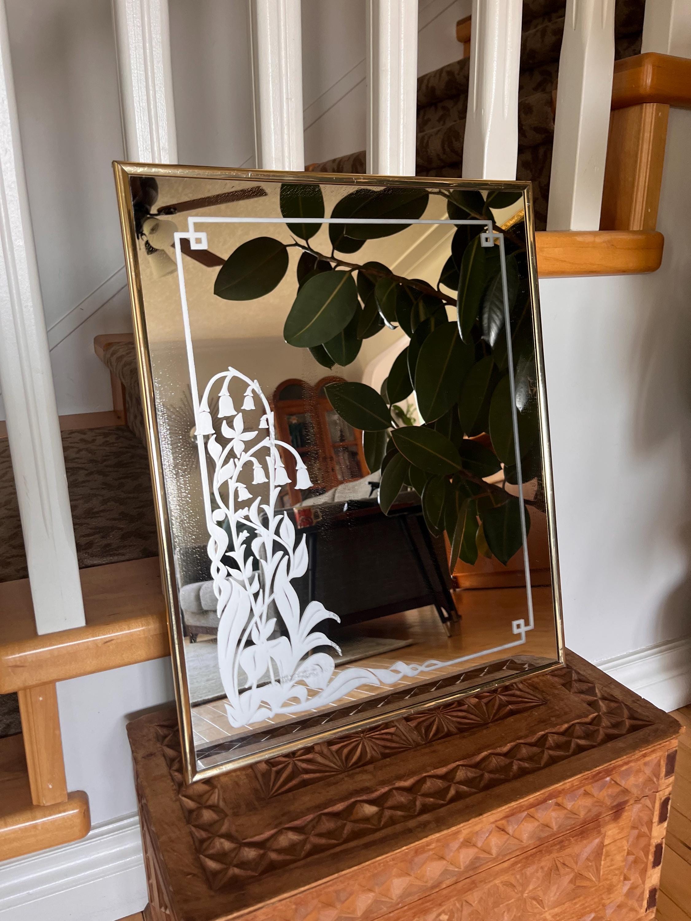 Rectangular Mirror w Etched Floral Design -  20"x16" - Brass Frame - 1980s Decor -  Wall Hanging Art Mirror