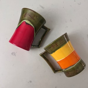 1970s Drip Glaze Mugs - Set of 2 - Red Orange Green Yellow - Art Pottery - D Shaped Handles - 1970s Kitchen - Boho Decor