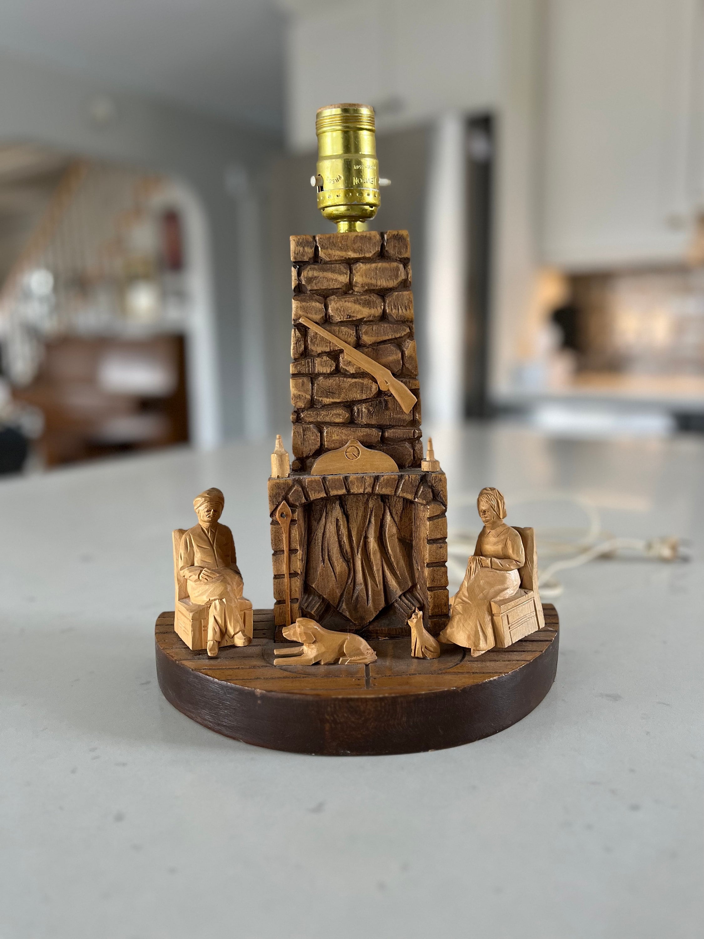 Signed Girard Fortin Wood Carved Lamp: Rustic Fireplace Scene - Etsy