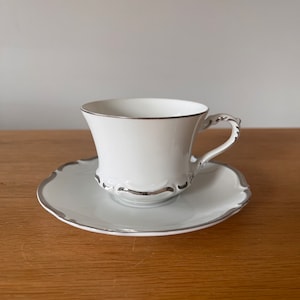 Harmony House - Sterling Pattern - Cup and Saucer - Scalloped Edge - Thick Platinum Trim - Fine China - Made in Japan