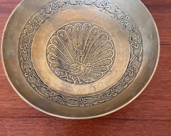 Vintage Brass Bowl with Ornate Peacock Motif - Boho Brass Bowl - Peacock Decor - 1970s