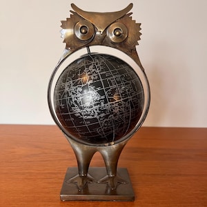 Vintage Owl World Globe - Mid Century Modern Decor - Brutalist Owl with Spinning World Globe - Retro Office Decor