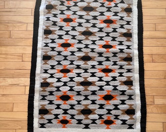 3.5'x2.5' Flat Weave Rug - Kilim - Orange Black Grey - Geometric Design - Two Sided