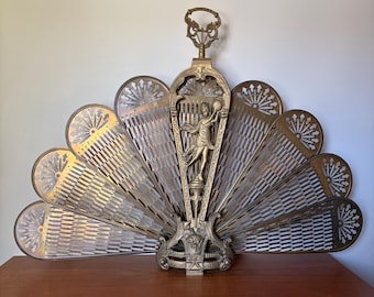 Vintage Art Nouveau Brass Peacock Fireplace Screen - Ornate Figural Fire Screen with Woman and Fan Motif
