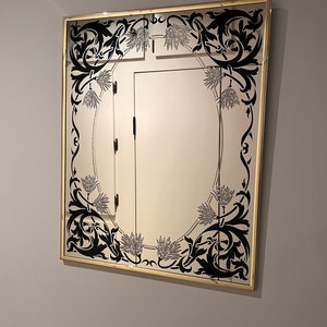 1980s Post Modern Art Glass Mirror Black and Gold Etching Baroque Design Brass Frame image 1