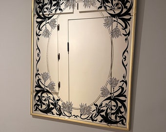 1980s Post Modern Art Glass Mirror - Black and Gold Etching - Baroque Design - Brass Frame