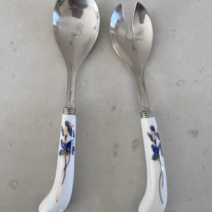 Porcelain and Stainless Steel Serving Spoon Set - White w Hand Painted Blue Floral Design