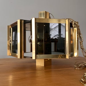 Fredrick Ramond Brass & Smoked Glass Chandelier - 1970s - Mid Century Lighting - Hexagon Shaped
