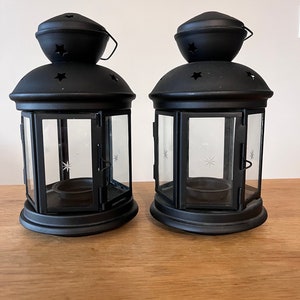 Black Metal Lanterns - Set of 2 - Candle Lantern - Hexagon Shaped - Indoor Outdoor - Glass Panels w Etched Stars - Punched Stars - Handles