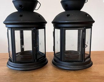 Black Metal Lanterns - Set of 2 - Candle Lantern - Hexagon Shaped - Indoor Outdoor - Glass Panels w Etched Stars - Punched Stars - Handles