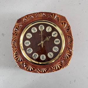 Wood Carved Clock - Ahmapec - Circular Roman Numerals - 1970s -