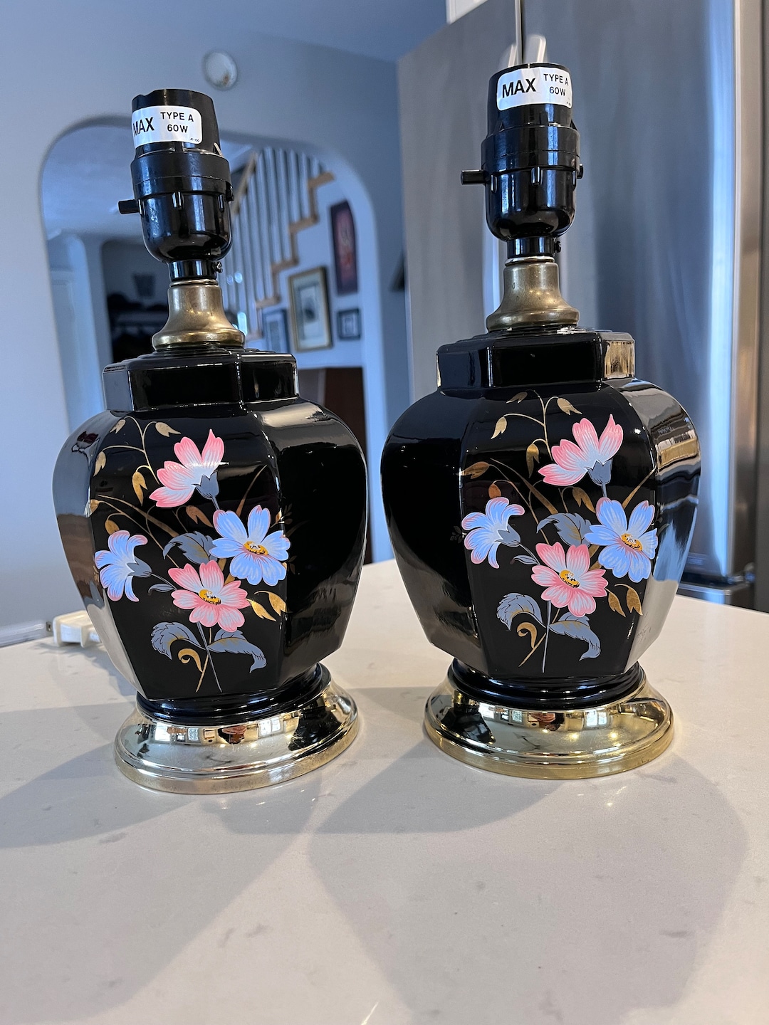 Black Ginger Jar Porcelain Lamps With Blue and Pink Painted Etsy