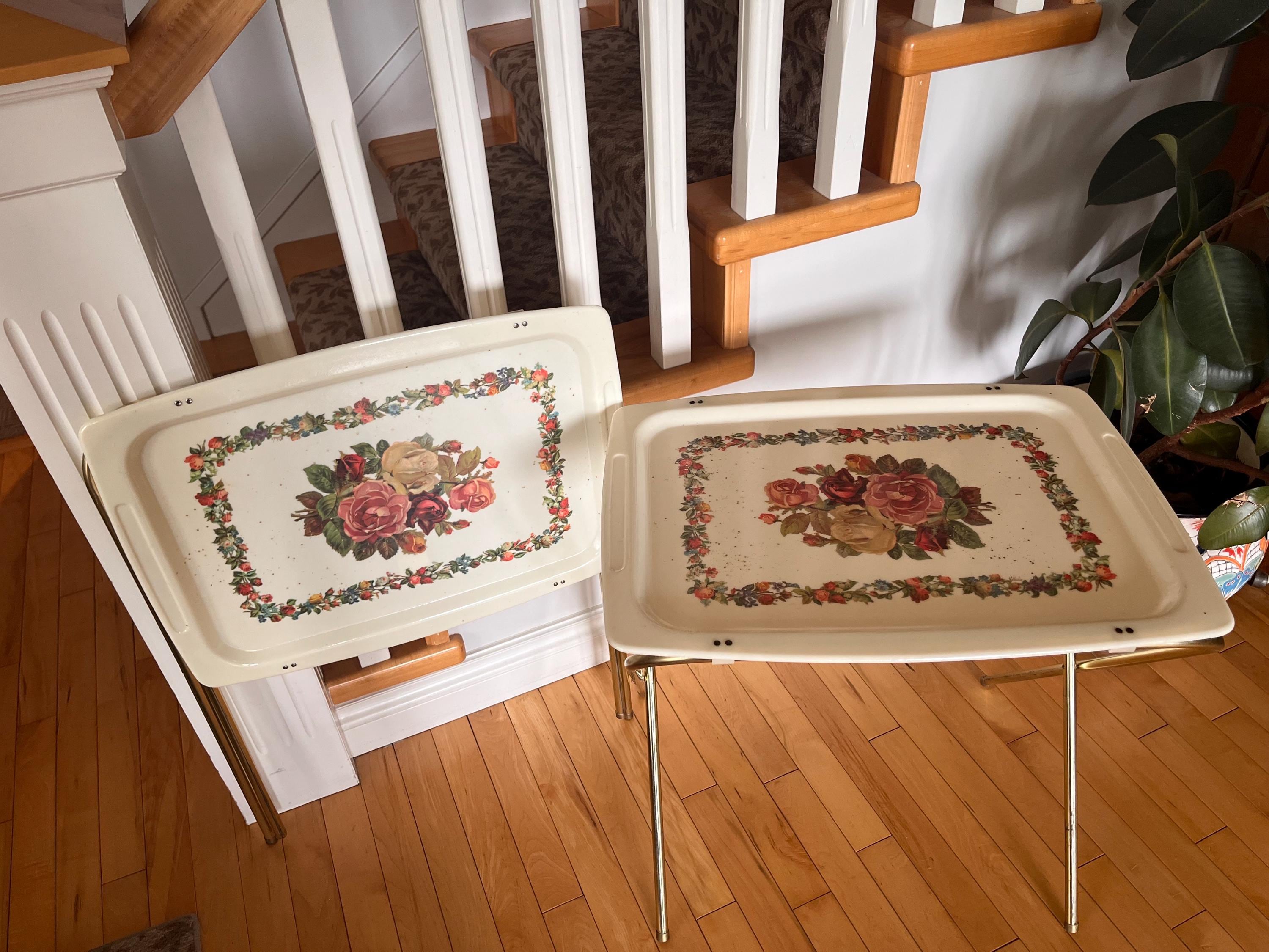Vintage Rose Motif TV Trays - Ivory Fiberglass Folding Tables