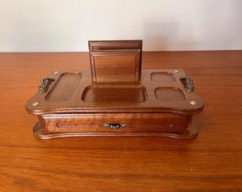 Mid-Century Wooden Dresser Top Valet w Drawer - Vintage Butler Tray Organizer - Letter Holder - Men&#39;s Dresser Caddy