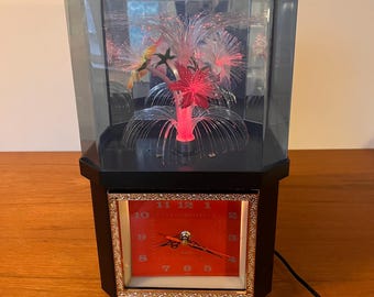 Vintage Fiber Optic Lamp with Clock - Rotating Floral Hexagonal Light - 1980's Decor