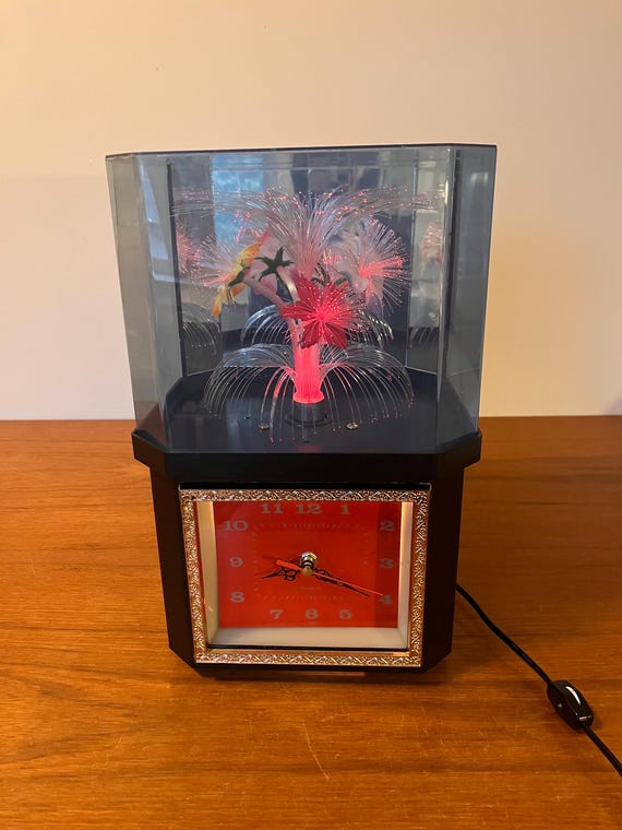 Vintage Fiber Optic Lamp With Clock - Rotating Floral Hexagonal