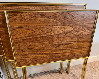 Vintage Folding TV Trays - Set of 4 w Stand - Faux Wood Look w Gold Tone Trim &Legs - Original Box