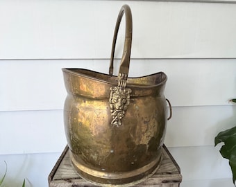 Vintage Brass Coal Scuttle: Lion Head Fireplace Decor