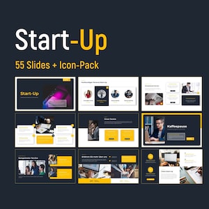 Könnte beinhalten: Eine Präsentationsvorlage für ein Start-up-Unternehmen. Die Vorlage verfügt über ein Schwarz-Gelb-Farbschema mit Bildern von Personen, die an Laptops und anderen geschäftlichen Aufgaben arbeiten. Der Text auf den Folien enthält die Wörter "Start-Up", "Fachkundiges Personal Start Up", "Unser bestes", "Kaffeepause", "Erfahren Sie mehr über uns", "Kompetenter Service" und "Vision Start-Up".