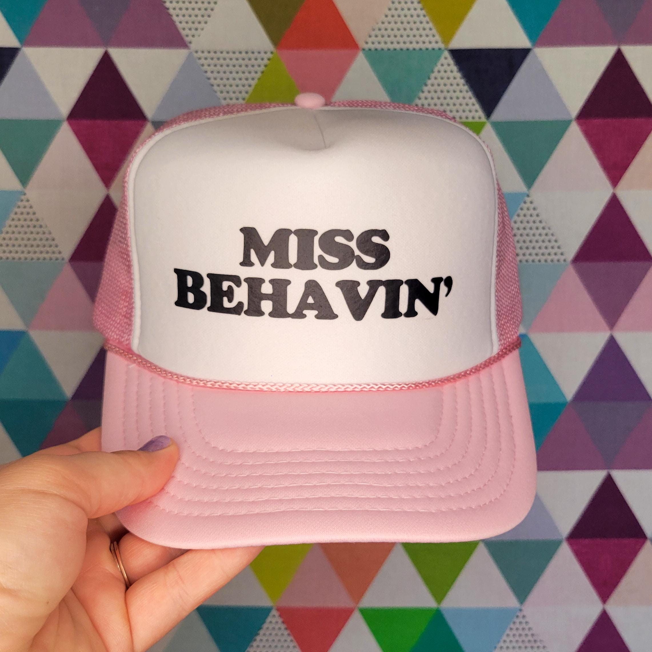 Miss Behavin\' Embroidered Trucker Hat - White & Black with Red Script Miss Behavin\ main image 4