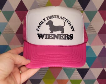 Easily Distracted By Wieners Custom Trucker Hat | Cute Dachshund Baseball Cap | Gift for Wiener Dog Lover