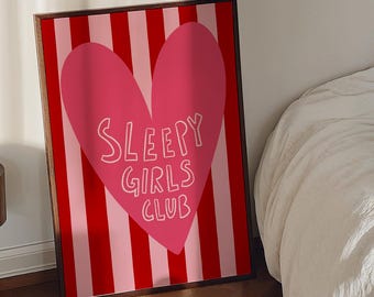 Sleepy Girls Club - Above bed wall art, Pink and red bedroom decor, Aesthetic wall art, Teen girl bedroom, Striped wall art, Danish pastel