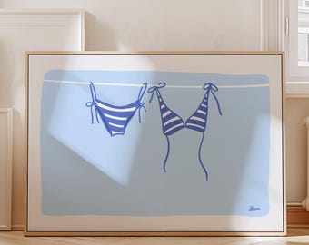 DIGITAL Blue Bikini print - horizontal wall art, beachy wall art for coastal bedroom, summer prints, surfer girl art, florida prints