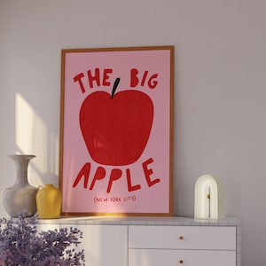 Póster de la Gran Manzana, arte mural de Nueva York, decoración de apartamentos con estética de chica del centro de la ciudad, impresiones en rosa y rojo, impresiones de Nueva York, arte mural rosa claro