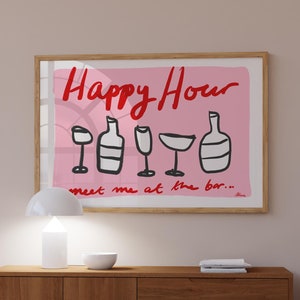 Happy Hour Print, Barwagen Deko, Ästhetisches Wohndekor, Neue Wohnung Geschenk, Cocktail Poster, über Couch Kunst, rot und rosa Dekor