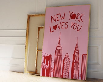 New York Poster, Nyc prints, Pink and red wall art,, New York illustration, New York art, Aesthetic apartment decor, cute New York gift