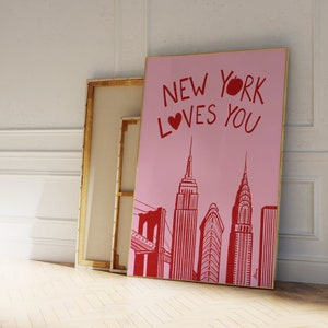 New York Poster, Nyc prints, Pink and red wall art,, New York illustration, New York art, Aesthetic apartment decor, cute New York gift