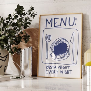 Soirée pâtes | Affiche d'illustration de menu, art mural de pâtes, impression de spaghetti d'art mural du milieu du siècle, estampes esthétiques tendance de cuisine, art moderne