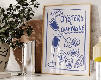 Ostras y champán / Impresión de menú de cocina de moda, arte de ilustración de alimentos de mediados de siglo, impresiones de cocina simples, arte de cocina de estilo escandinavo