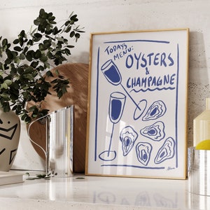 Huîtres et champagne | Impression de menu de cuisine tendance, Art de cuisine moderne du milieu du siècle, Impressions simples d'art de cuisine et Art de cuisine de style scandinave