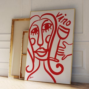 Roter Vino-Druck, Handgezeichnetes Poster ästhetisches Dekor, Mid Century Dekor, Barwagen Drucke, abstraktes Weinplakat, Cocktailplakat, über der Couch