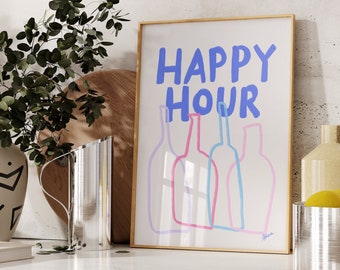 Gelukkig uur | Moderne barwagenafdrukken, trendy cocktailkunstwijnillustratie, modern appartementdecor, leuke keukenmuurkunst, lijntekeningwijn