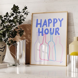 Happy Hour | Nowoczesne wydruki na wózkach barowych, Modne ilustracje sztuki koktajlowej z winem, nowoczesny wystrój mieszkania, Zabawna sztuka ścienna do kuchni, Rysowanie linii na wino