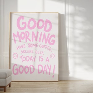 Bonjour ! | Art de cuisine simple, art mural positif, impression de café, impression de bonne journée, affiche rose pastel, art mural mignon, style scandinave, tendance