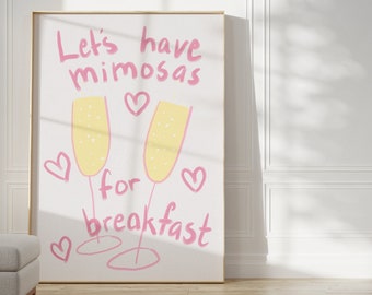 Mimosas for Breakfast | Mimosa poster, Pink cocktail poster, Fun bar poster, Pastel cocktail art, Aesthetic home decor, Mimosa illustration