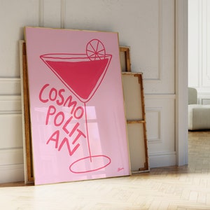 Cosmopolitan print, Pink and red bar cart prints, Cute bar decor, Aesthetic apartment decor, cocktail prints, girl apartment, pink and red