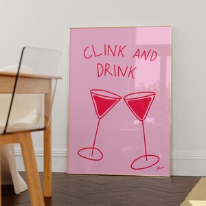 Clink and Drink | Pink and red bar cart prints, girly apartment decor, fun kitchen illustration art, hand drawing, cute bar decor aesthetic