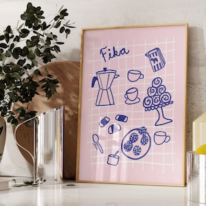 Póster de Fika, arte mural sueco, arte mural rosa claro, decoración estética para apartamentos, pastel danés, impresiones de estilo escandinavo, arte de cocina pastel