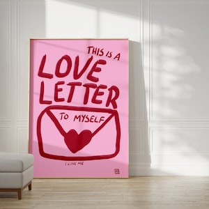Liebesbrief an mich | Rosa und rote Wandkunst, Lovecore Druck Selbstliebe, Ästhetisches Raumdekor niedliche Wanddrucke, dänische Pastell-Illustrationskunst
